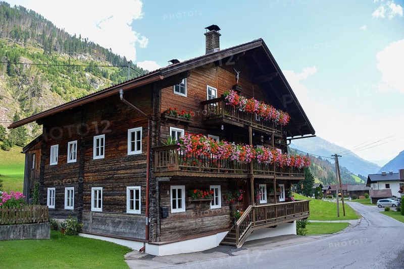 Typical traditional farmhouse, a solid wooden house, with balcony flowers in Defereggen Valley, East Tyrol, Austria, Europe
