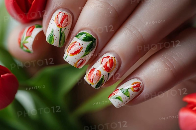 Woman's hand with beautiful spring themed nail art design with red tulip flowers . Generative AI, AI generated