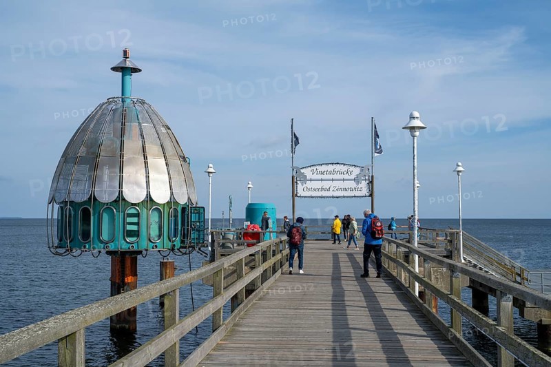 Tourists on the pier, Vinetabrücke with diving gondola, Zinnowitz, Usedom Island, Baltic Sea, Mecklenburg-Western Pomerania, Germany, Europe