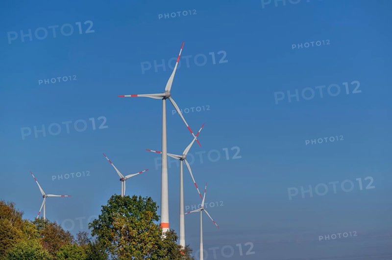 Wind turbines, blue sky, Schönberg, Mecklenburg-Western Pomerania, Germany, Europe