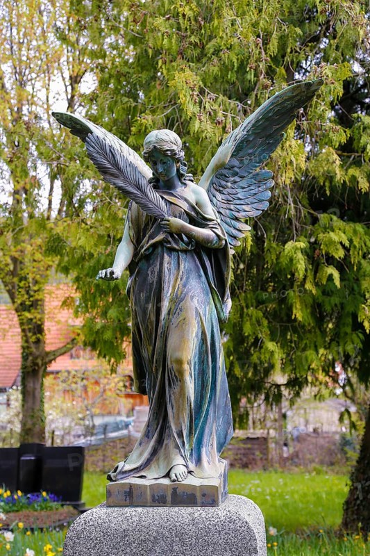 Historic cemetery Gönningen, angel figure, sculpture of a woman with wings, statue, stone figure, sculpture, Gönningen, district of Reutlingen, Baden-Württemberg, Germany, Europe
