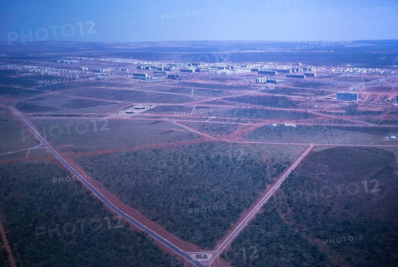 Aerial view of buildings, street network and city map, Brasilia, Federal District, Brazil, 1962, South America