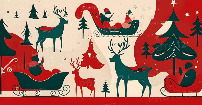 Whimsical abstract scene with stylized reindeer and sleighs to capture the magic of Christmas, AI generated