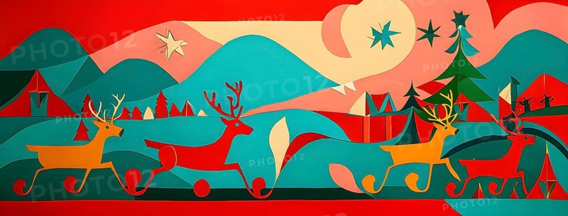 Whimsical abstract scene with stylized reindeer and sleighs to capture the magic of Christmas, AI generated