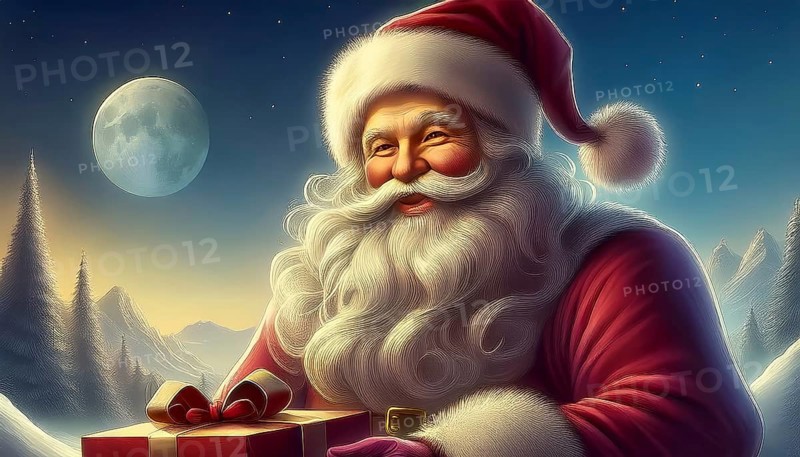 Illustration of friendly Father Christmas with a present in his hands in a snowy winter landscape at night under a full moon, AI-generated image, AI generated