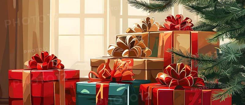 Abstract illustration of wrapped Christmas gifts, shiny ribbons and bows, stacked under a evergreen tree in a cozy living room, AI generated