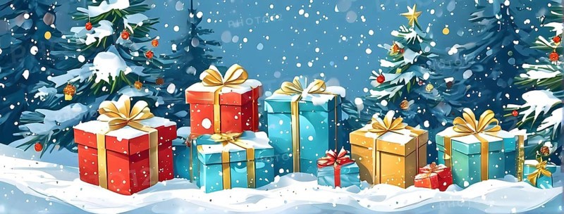 Abstract illustration of wrapped Christmas gifts, shiny ribbons and bows, stacked under a snow-dusted evergreen tree in a snowy outdoor setting, AI generated
