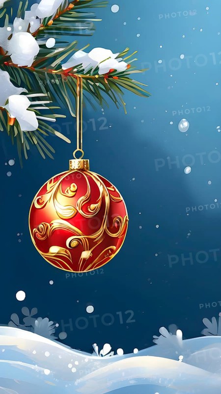Abstract illustration of a set of ornate Christmas ornaments hanging on a snow-covered pine tree branch, AI generated