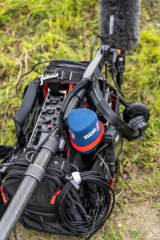 Symbolic image media, sound recorder, with microphones, sound boom, headphones, of a TV team of the WDR, North Rhine-Westphalia, Germany, Europe