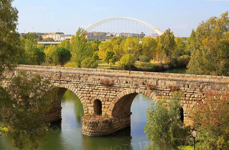 Modern bridge behind Puente Romano, Roman bridge crossing, Rio Guadiana River, Merida, Extremadura, Spain, Europe