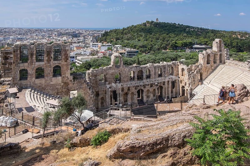 View from the Acropolis to the Odeon of Herodes Atticus and Athens, Greece, Europe