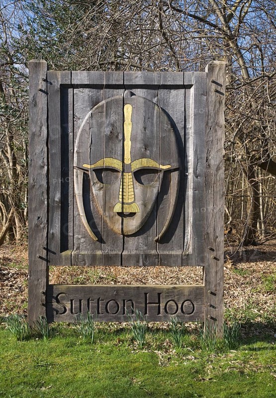 Saxon helmet entrance sign at Sutton Hoo Anglo-saxon burial site, near Woodbridge, Suffolk, England, United Kingdom, Europe