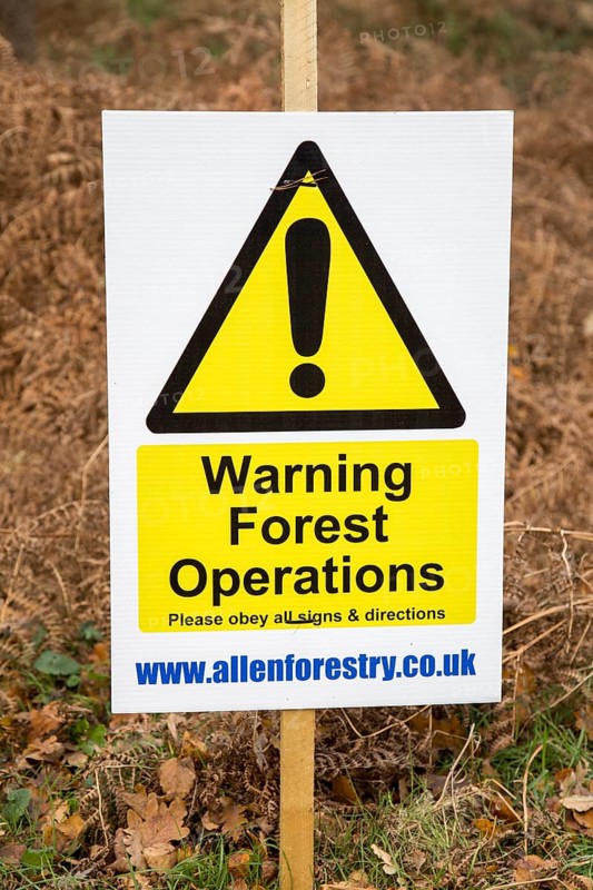 Warning forestry operations sign on Upper Hollesley Common, Suffolk, England, UK