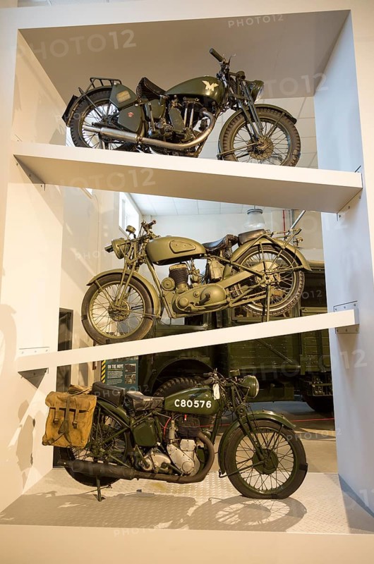 Motorcycles from 1940s, Matchless G3 at top and two BSA M20 bikes, REME museum, MOD Lyneham, Wiltshire, England, UK