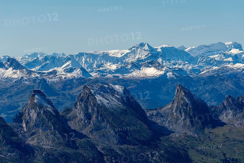 View from the alpine peak Säntis to the Appenzell Alps, 2505m altitude, Schwägalp, snow-covered mountain range, Urnäsch, Canton Appenzell, Ausserrhoden, Switzerland, Europe