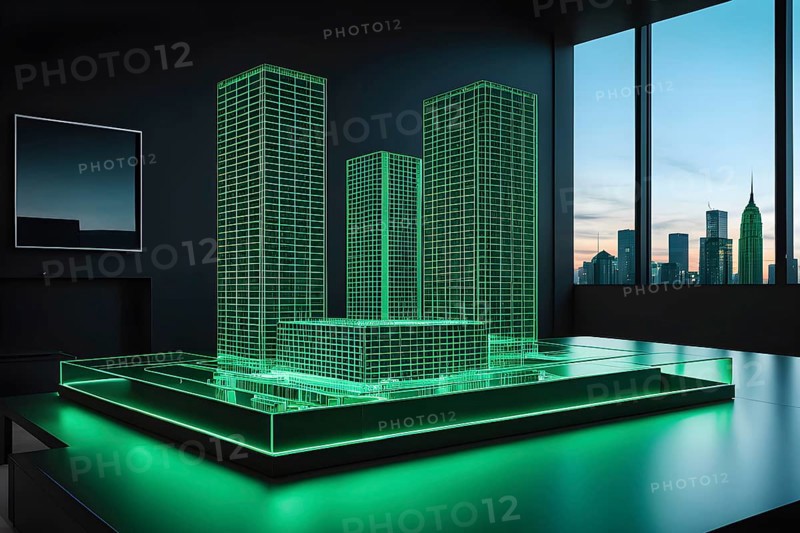 Hologram green skyscraper wireframe on table, ai generated, AI generated