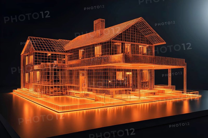 Hologram orange house architecture wireframe on table, ai generated, AI generated