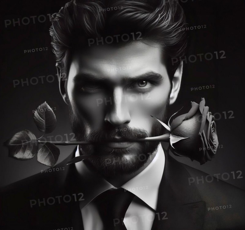 A young man, dreamy, with a rose, symbolic image romantic, romance, dreaming, love, in love, feeling, AI generated, AI generated
