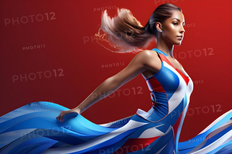 Abstract digital render of a female olympic athlete morphing into fluid shapes in french tricolor blue white and red, AI generated, Paris, Paris, Olympic Games