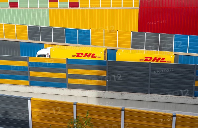 Colourful noise barriers on the A52 motorway, at the Essen-Rüttenscheid junction, the noise barriers were rebuilt in a colourful design as part of the motorway renovation, North Rhine-Westphalia, Germany, Europe