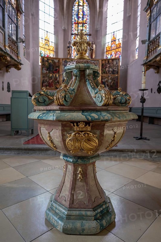 Historic baptismal font in the Protestant Church of St Mary, Hersbruck, Middle Franconia, Bavaria, Germany, Europe