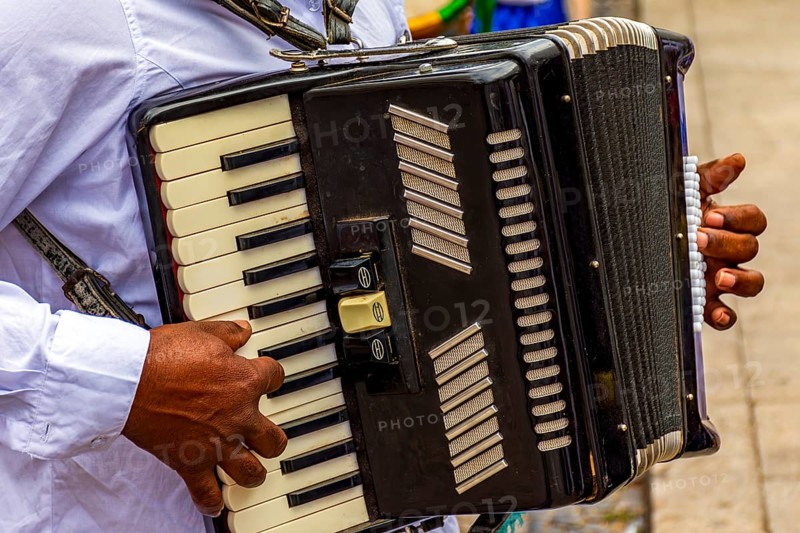 Hands of accordionist playing his instrument during a religious festival in the streets of Belo Horizonte, Brazil, Belo Horizonte, Minas Gerais, Brazil, South America