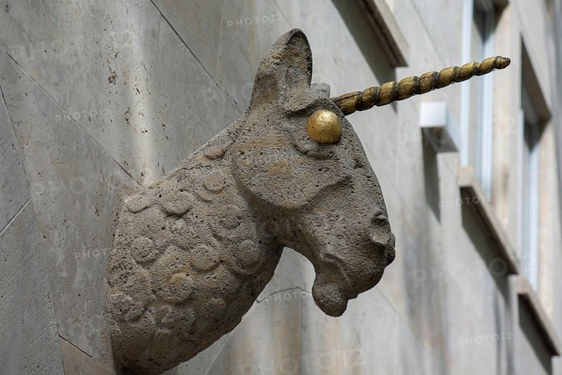 Head of a unicorn above the entrance to the Unicorn Pharmacy, Bamberg, Upper Franconia, Bavaria, Germany, Europe