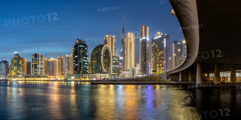 View of Dubai Burj Khalifa skyline tallest building in the world downtown at night panorama in Dubai, United Arab Emirates, Asia
