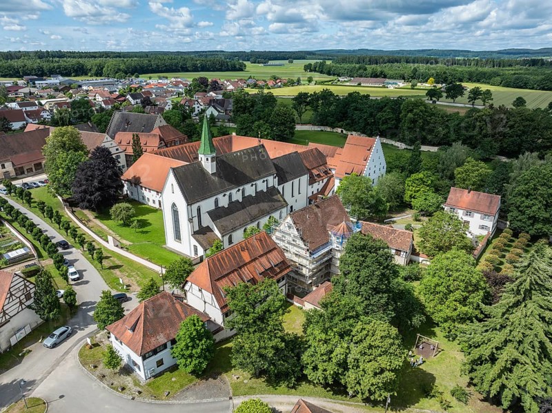 Aerial view of the village of Heiligkreuztal with the cathedral and the former Cistercian nunnery, district of Biberach, Upper Swabia, Baden-Württemberg, Germany, Europe