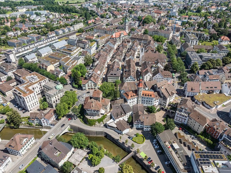 Aerial view, townscape, city centre, old town of Frauenfeld, with the Frauenfeld castle and the town hall, in front the river Murg, canton Thurgau, Switzerland, Europe