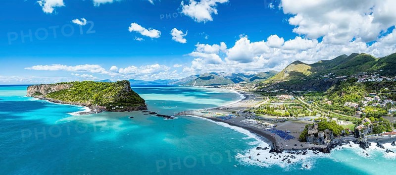 Panorama of Praia a Mare from a drone, Tyrrhenian Sea, Cosenza, Calabria, Italy, Europe