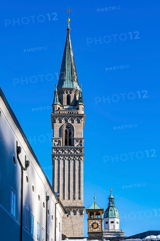 Tower of the Franciscan church in the historic centre of Salzburg, Austria, Europe