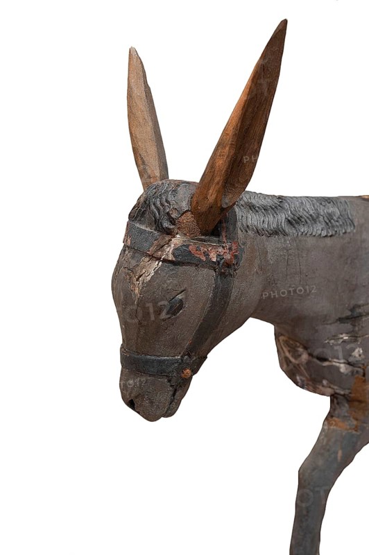 Head of the donkey, on a white background, detail of the palm donkey, wooden figure from around 1400, Museum Bezau, Vorarlberg, Austria, Europe