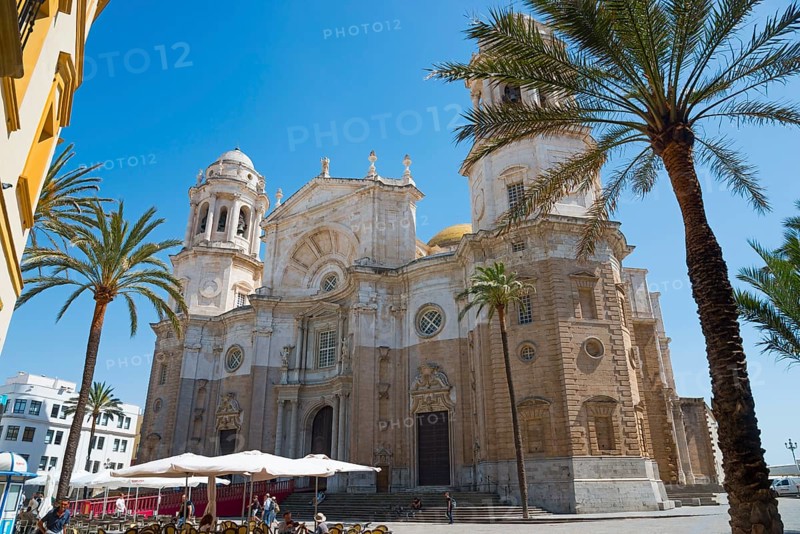 Impressive cathedral with palm trees and café terraces under a clear blue sky, Catedral de Santa Cruz sobre las Aguas, Cathedral of the Holy Cross above the sea, Plaza de la Catedral, Old Town, Cádiz, Cadiz, Andalusia, Spain, Europe