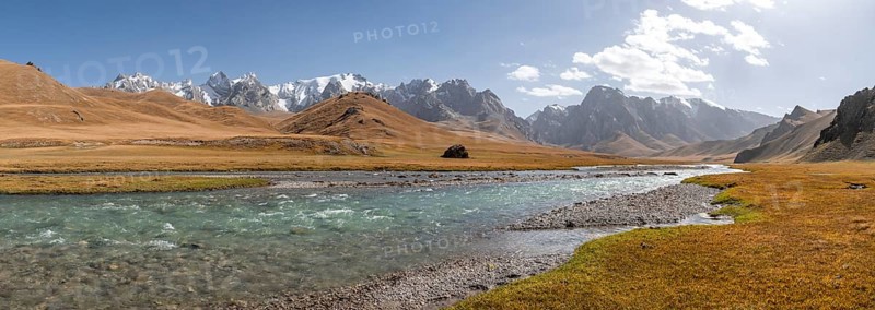 Mountain landscape with yellow meadows, Kol Suu River and mountain peaks with glaciers, Keltan Mountains, Sary Beles Mountains, Tien Shan, Naryn Province, Kyrgyzstan, Asia