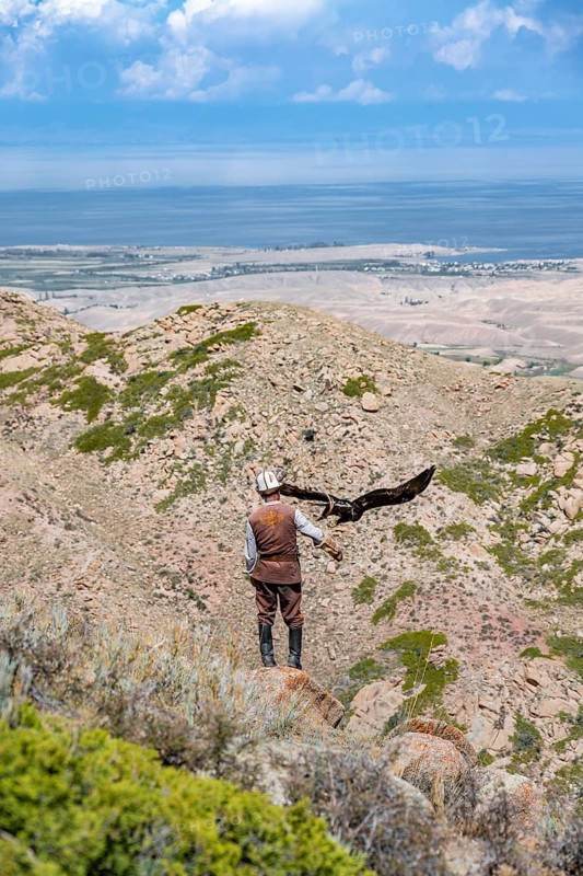 Traditional Kyrgyz eagle hunter hunting in the mountains in a dry landscape, near Kysyl-Suu, Issyk Kul, Kyrgyzstan, Asia