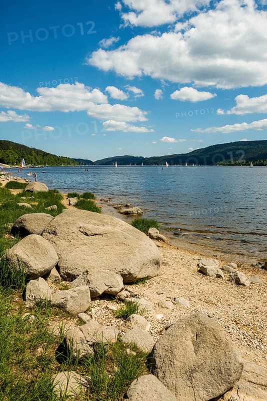 Lake in the mountains and beach in summer, Schluchsee, Black Forest, Baden-Württemberg, Germany, Europe