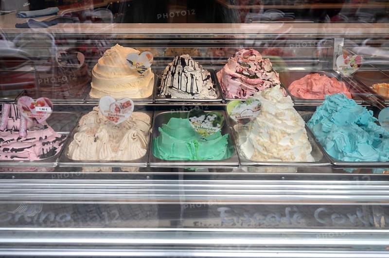 Ice cream flavours in the counter of an ice cream parlour, Bavaria, Germany, Europe