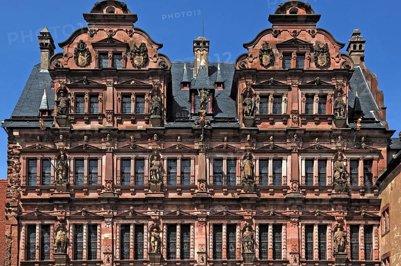 View from the inner courtyard of the façade of the Friedrich Building, built between 1601 and 1607, the statues are ancestors of the electors) of the Heidelberg castle ruins, destroyed in 1689) Castle courtyard, Heidelberg, Baden-Württemberg, Germany, Europe