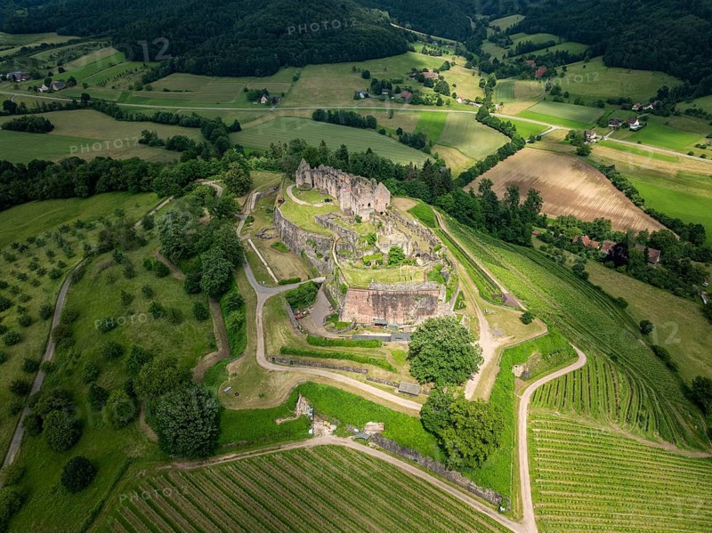 Aerial view of the ruins of Hochburg Castle, also known as Hachberg, 11th century, between Emmendingen, Sexau and Windenreute, second largest castle complex in Baden, administrative district of Freiburg, Black Forest, Baden-Württemberg, Germany, Europe