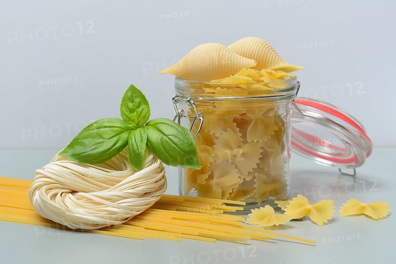 Various types of pasta with glass container, pasta varieties