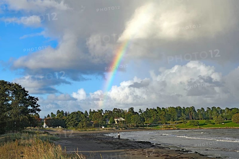 Beach landscape with rainbow and clouds over the sea and green vegetation in the background, Tönsberg, Oslofjord, Norway, Europe