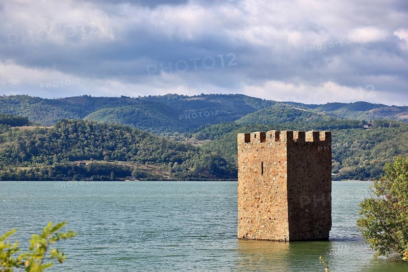 Wallachia, view of the Danube landscape, two towers, remains of the medieval fortress Trikule near Svinita, Iron Gate nature park Park, Romania, Europe
