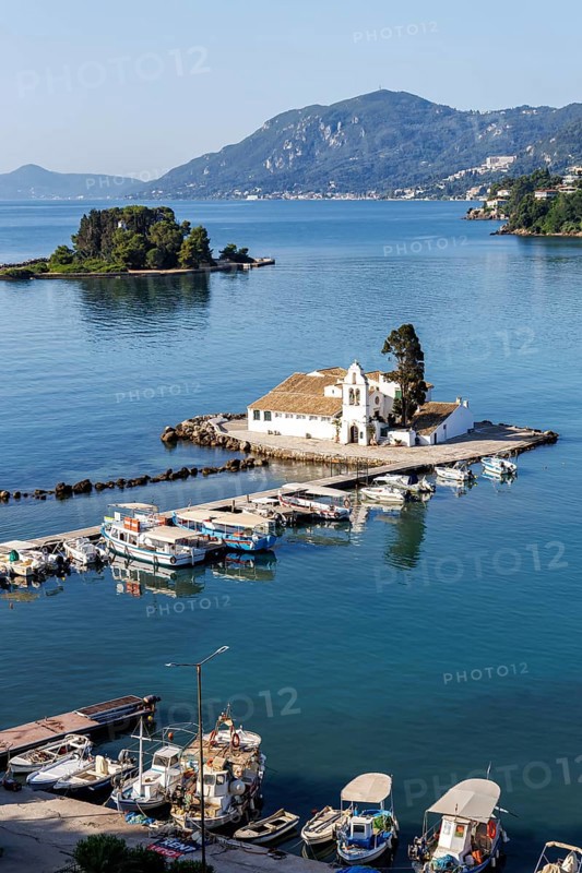 Vlacherna Monastery and Mouse Island in the Mediterranean Sea from above on the island of Corfu, Greece, Europe