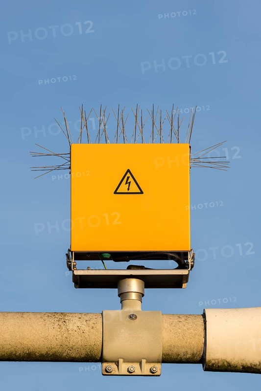 Bird defence, pigeon defence, spikes on a runway lighting system, Stuttgart Airport, Baden-Württemberg, Germany, Europe