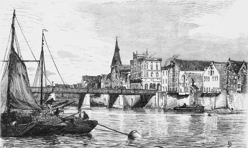 Weser bridge in Bremen, cityscape, shipping, barges, sails, house fronts, church tower, Germany, historical illustration 1880, Europe