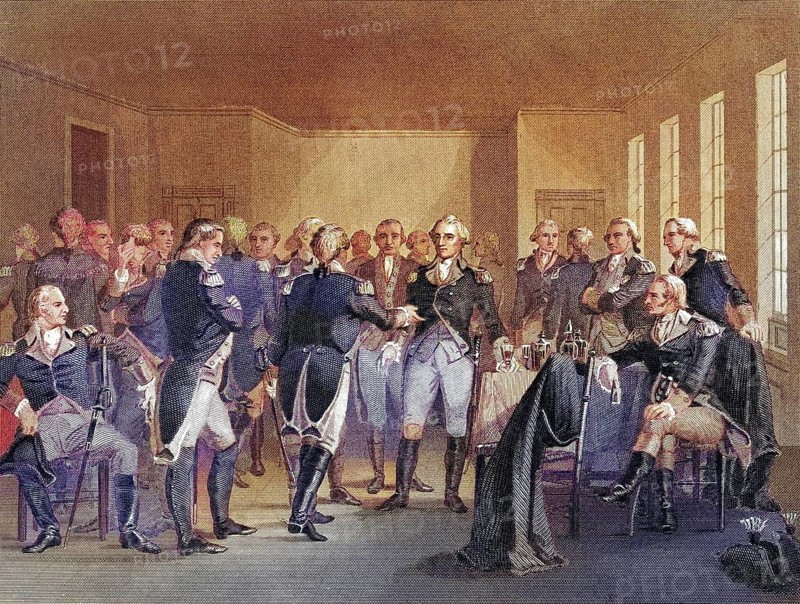 Washington taking leave of his officers at Fraunces Tavern, New York City USA, 4 December 1783, George Washington, 1732-1799, First President of the United States, From a nineteenth century print, engraved by Rogers after Chapin, Historic, digitally restored reproduction from a nineteenth century original, Record date not stated