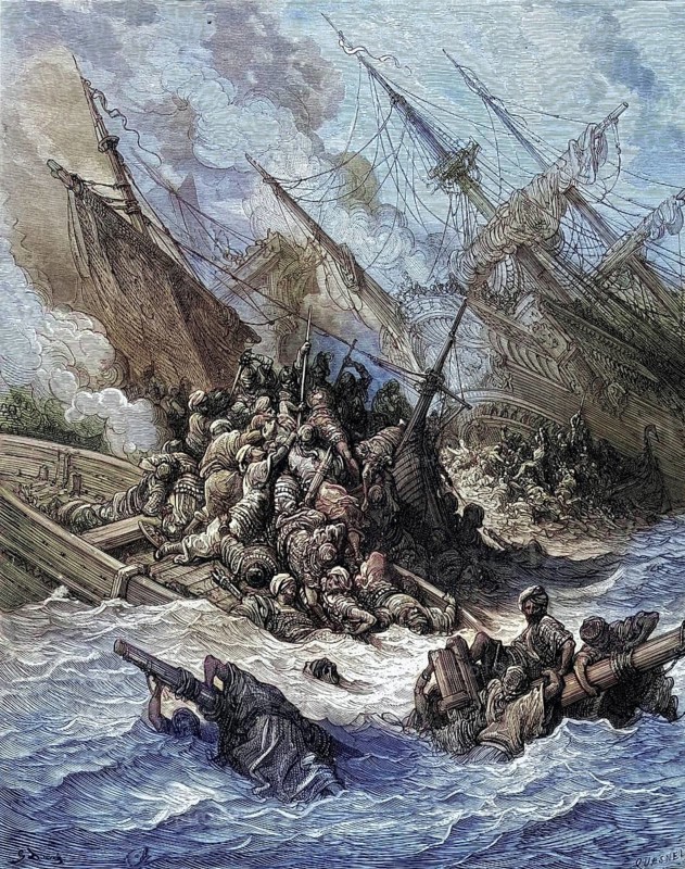 The naval battle of Lepanto took place on 7 October 1571 in the Ionian Sea off the entrance to the Gulf of Patras near Lepanto, Nafpaktos, Turkish ?nebaht?, in present-day Greece, Historical, digitally restored reproduction from a 19th century original, Record date not stated