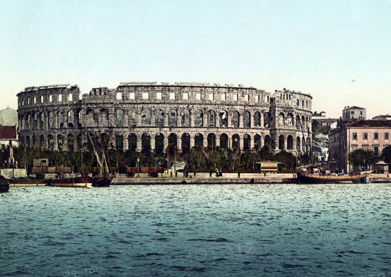 Pola, Arena del Mare, amphitheatre of Pula, Croatia, around 1890, Historical, digitally restored reproduction from a 19th century original, Europe