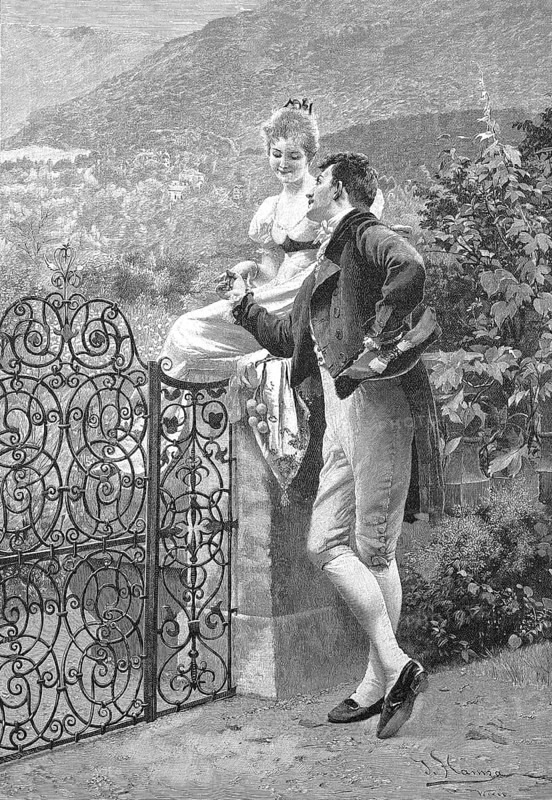Man and woman flirting at a garden gate in summer, Historic, digitally restored reproduction from a 19th century original, c. 1890, Record date not stated